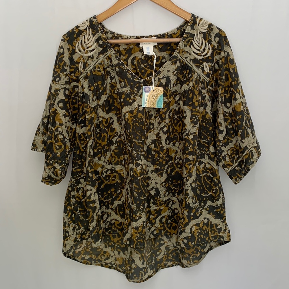 NWT Sigrid Olsen short Sleeve Oversized Boho Embroidered Top Lagenlook XS